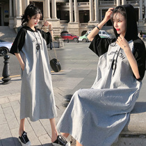 Foreign maternity dress summer dress Korean short sleeve hooded T-shirt long pregnant woman dress spring tide mother personality