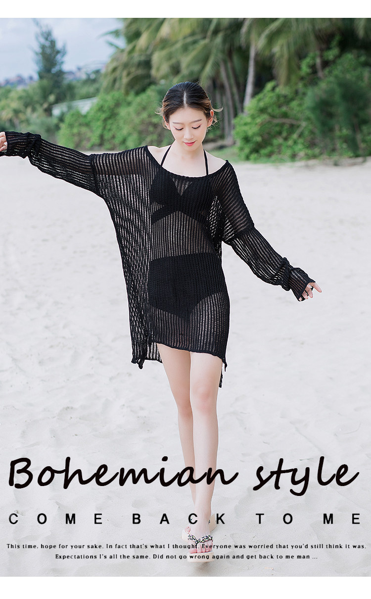 2019海边度假长袖性感比基尼罩衫泳衣镂空防晒沙滩衣女泳衣外搭