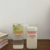 Po-homemade Korea ins red French printed square glass cup milk juice simple coffee cup