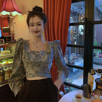 Bubble sleeve denim shirt womens design sense of small people Fuguang flavor square collar long sleeve French short floral top