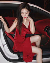 Acetic satin red sling dress women in autumn and winter with 2021 new autumn French vintage silk base skirt