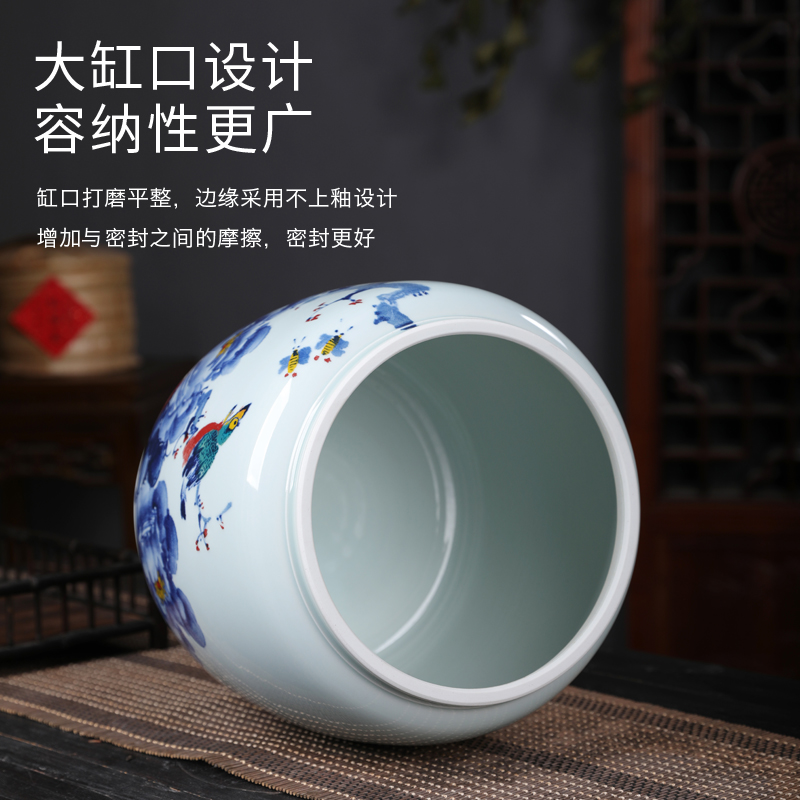 Seven loaves peony blue and white porcelain tea pot seal moisture puer tea boxes big tea cake store ceramic pot