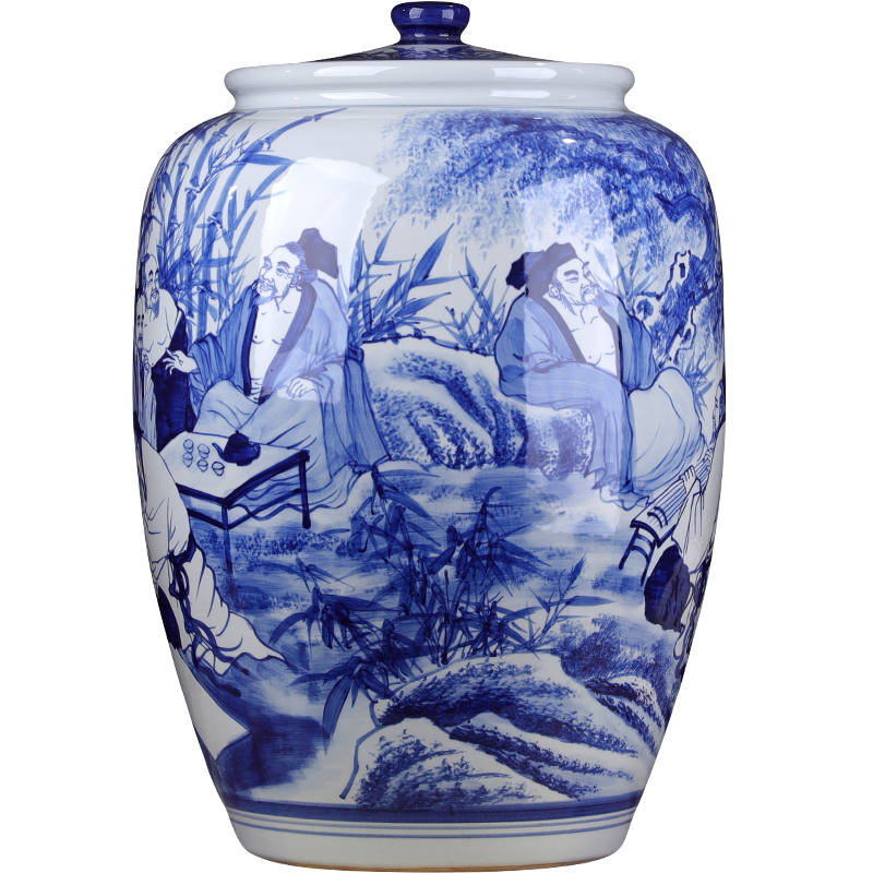 Character hand - made of pu 'er tea pot large blue and white porcelain ceramic pot bamboo seven sages super heavy tea urn tea cake tin