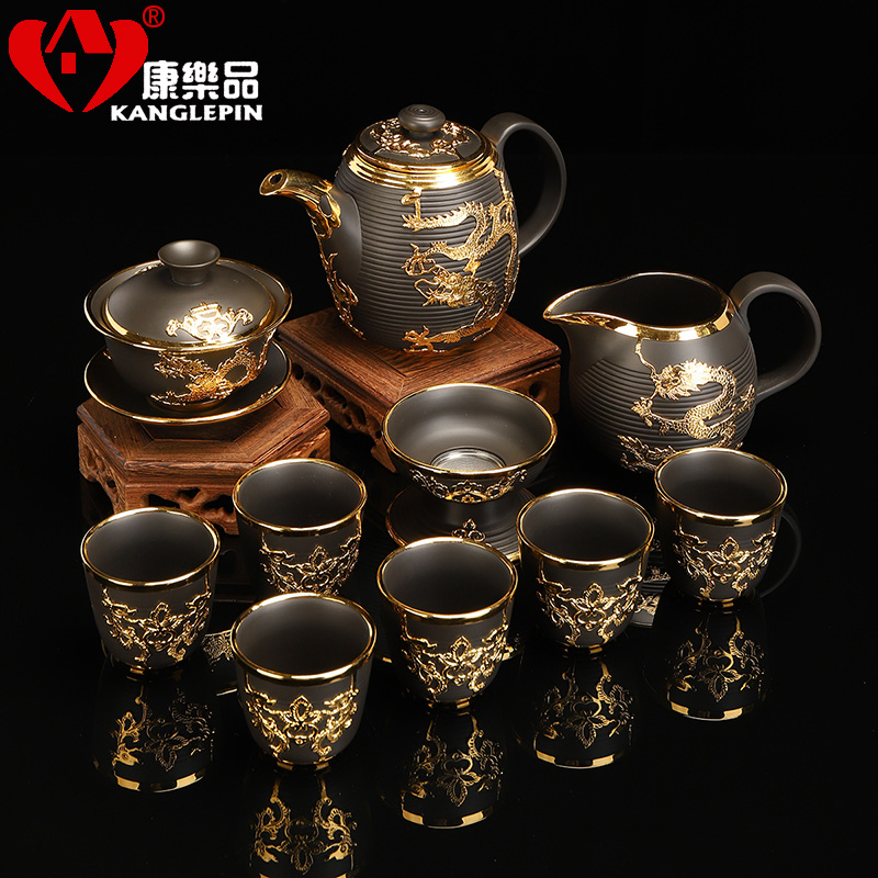 Recreational product gold suit of a complete set of yixing purple sand tea sets ceramics kung fu palace wind tureen gold cup teapot