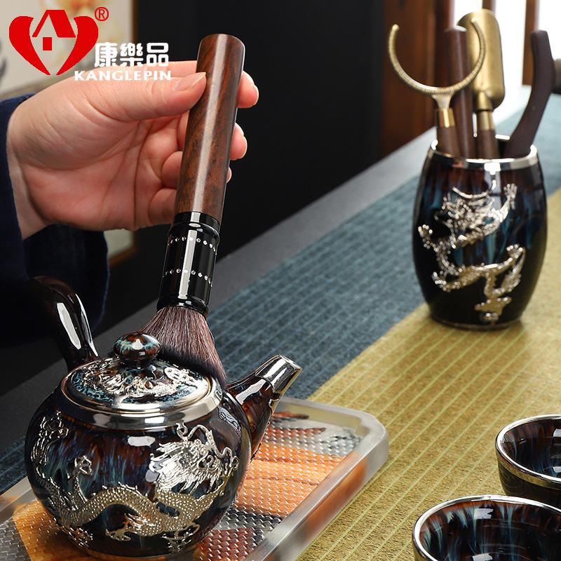 Recreational product an inset jades tea accessories tea ceramic 6 gentleman ebony wood needle ChaGa brush kung fu tea set