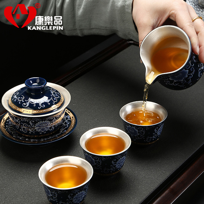 Recreational product coppering. As silver tea set a complete set of blue and white porcelain ceramic kung fu tea set manually silver 999 office tea cups