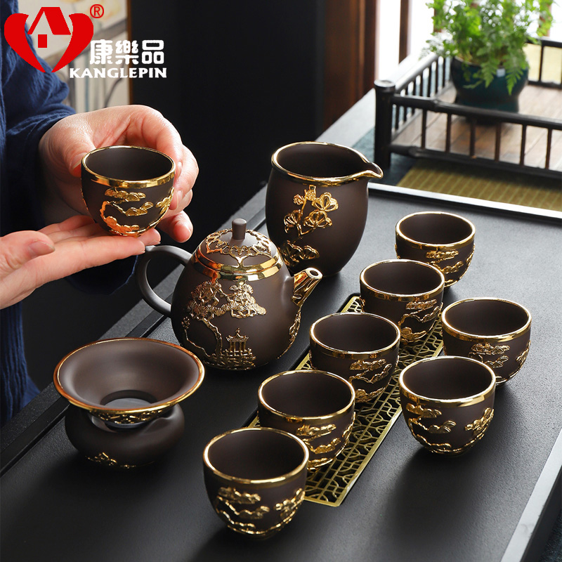 Recreational product gold tea set a complete set of kung fu tea set guest - the greeting pine gift boxes coarse pottery violet arenaceous office home