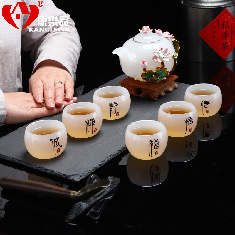 Recreational product gift jade colored enamel porcelain kung fu tea set household white porcelain cup teapot sample tea cup white jade