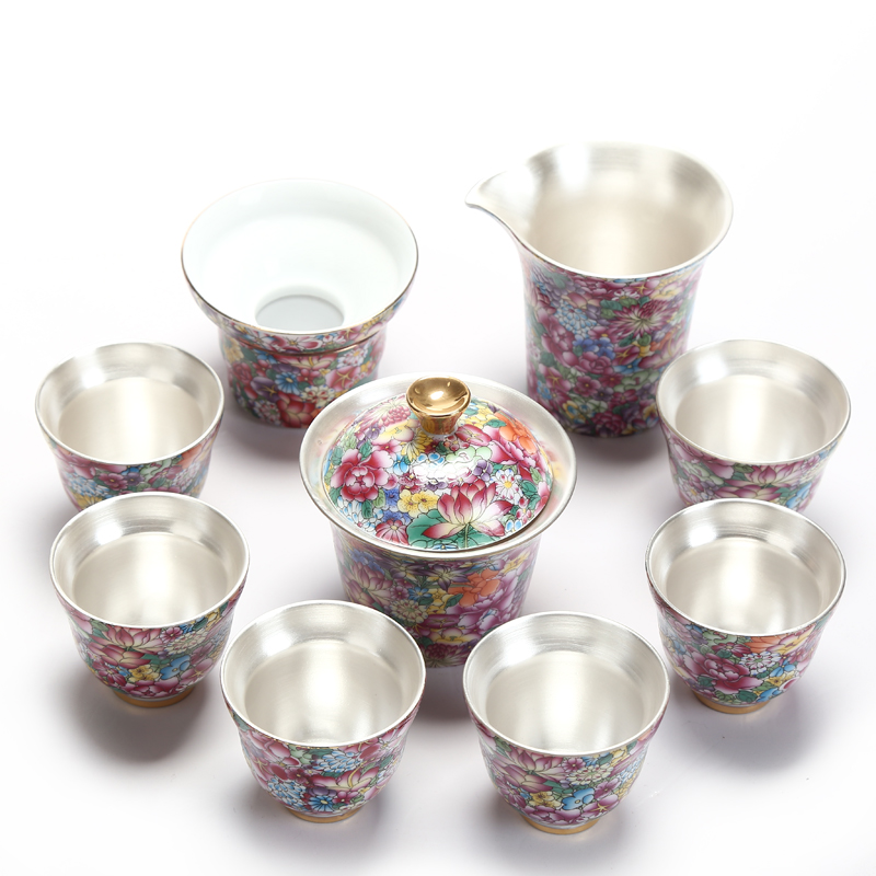 Recreational product ceramic 999 kunfu tea tasted silver tea set silver gilding manual bladder silver sample tea cup home