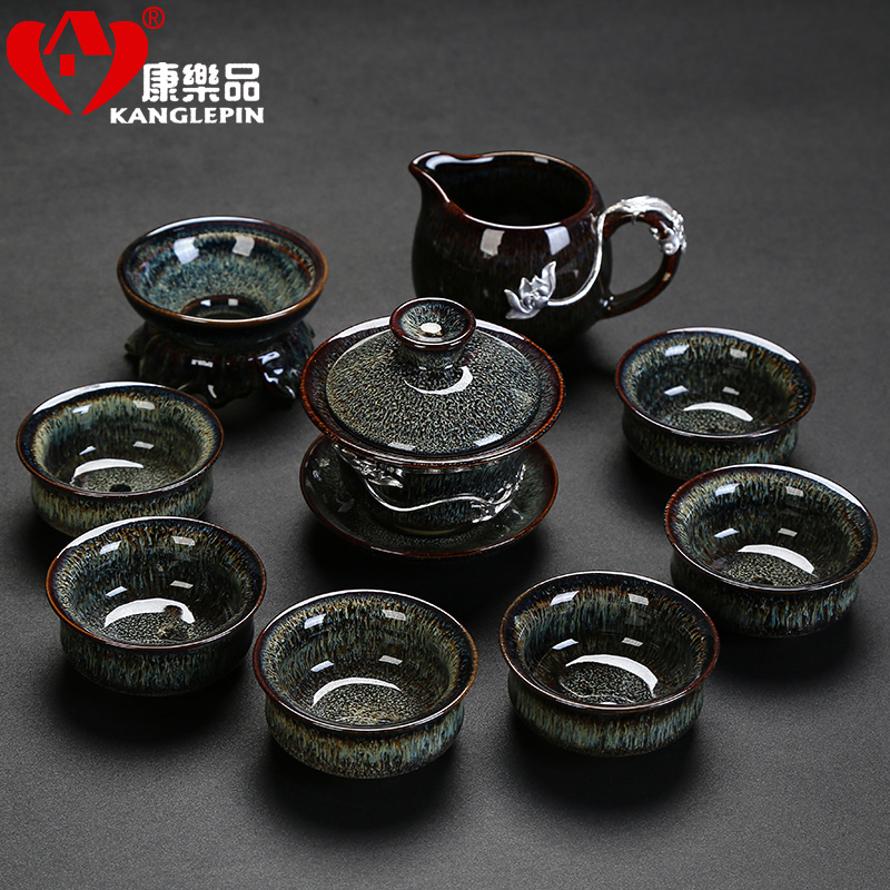 Recreational product temmoku built lamps of a whole set of silver stone gourd ladle ceramic lid to use Chinese kung fu tea set tea cups