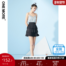 ONE MORE2021 summer new black vintage cake skirt shiny high waist short pleated skirt skirt womens skirt