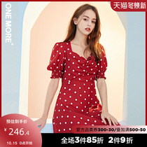 ONE MORE2020 summer new red polo dress square collar bubble sleeve long A- line dress womens clothing