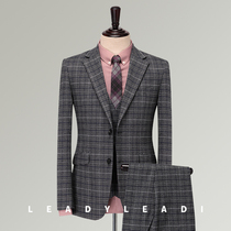 Leitch mens suit suit Korean dress slim gray plaid mens suit English autumn three-piece set