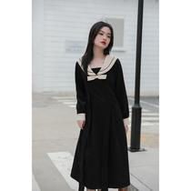 Alley black doll collar dress female 2021 new autumn winter temperament long bow dress