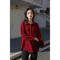 You Lane red shirt female 2021 new autumn and winter design sense niche light mature Hong Kong style casual long sleeve shirt