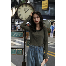 2021 autumn new knitted long-sleeved short T-shirt womens Hong Kong retro basic simple all-match bottoming shirt top