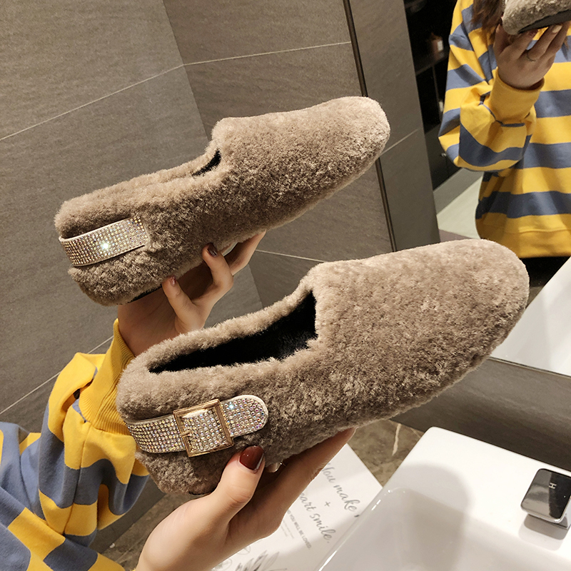 plush shoes women wear autumn and winter 2019 new korean style all-around flat bottom net red and plush bean shoes women's cotton ladybug shoes