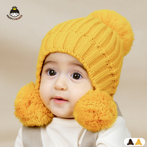 Korean version of the newborn baby boy and girl baby cute ear protection needle knitted hair ball wool hat autumn and winter 0-1 years old