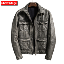 Mens frosted head layer cowhide leather leather jacket tooling thickened locomotive vintage do handsome trend jacket