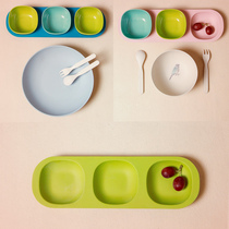 Orange familys Keer ins bamboo fiber three-grid multi-function baby food supplement plate small Bowl fork spoon set
