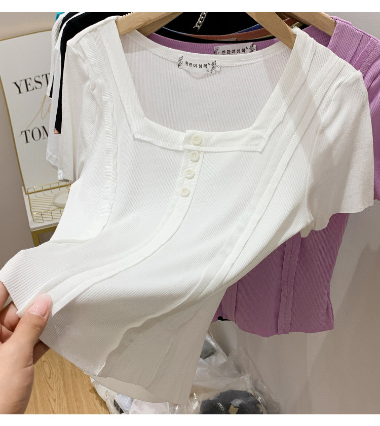 实拍短袖t恤女设计感小众方领半袖上衣白色洋气修身内搭打底衫潮 - 17