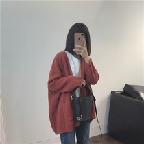 muzi 21 autumn texture is very good loose long sleeve V-neck knitted sweater cardigan female orange red apricot Blue Green