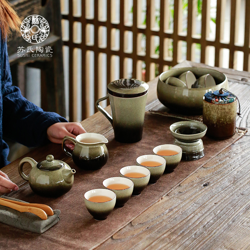 Su ceramic up kung fu tea set suit household tureen tea teapot teacup Japanese wind restoring ancient ways