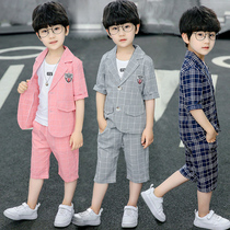 Children's clothing boys small suit short sleeve suit boys summer dress cotton and linen children's suit three-piece jacket shorts