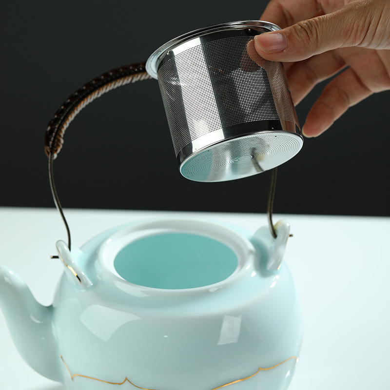 Shadow celadon girder tea sets water set household porcelain cup large capacity belt filter paint kettle the teapot tea tray