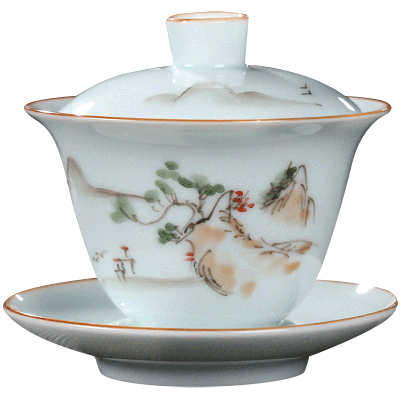 Jingdezhen ceramic tureen single bluish white porcelain tureen only three to use hand grasp the hand - made kung fu tea tea tea bowl