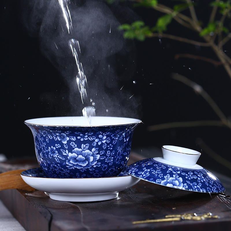 Jingdezhen ceramic blue tureen three to bowl tea hot tea cups white porcelain three medium bowl bowl pot