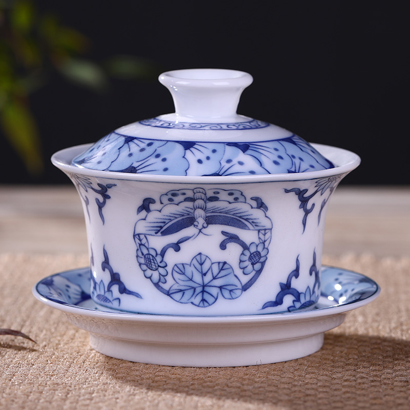 Jingdezhen blue and white tureen lid cup three cups to ceramic bowl of kung fu tea tea home three fort tea ready