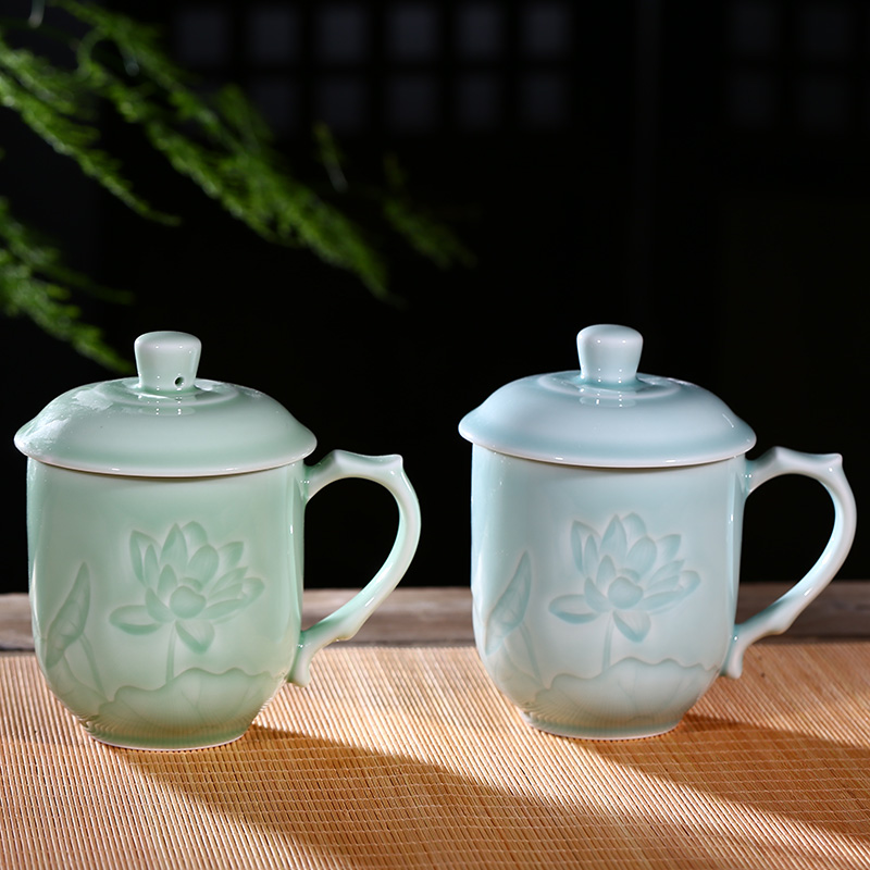 Ceramic cups with cover home tea cup tea set graven images porcelain jingdezhen porcelain cup celadon glass office