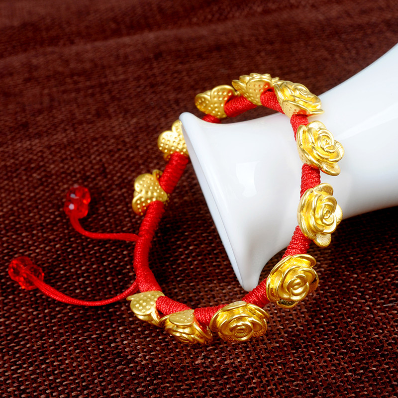 相思结黄金珠宝饰品转运珠3d硬金玫瑰花足金转运珠黄金红绳手链女