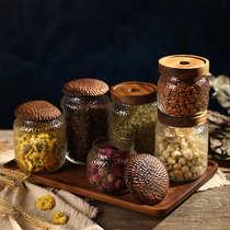 Acacia wooden cover hammer grain High Borosilicate Glass Miscellaneous grain household storage tank nut sugar jar coffee sealing tank tea tank