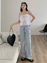 Cat Niang zhi mopping jeans womens thin 2021 new summer loose straight embroidery thin hanging wide-leg pants