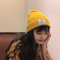 ins Net red letter patch wool cap Japanese male Joker plus velvet thick warm knit hat children Korean autumn and winter