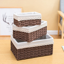Straw storage basket weaving storage basket desktop snack storage box rattan fabric finishing basket bedroom storage box