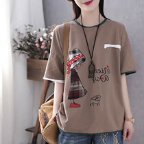 Pure cotton retro literary short sleeve t-shirt women Summer round neck Half sleeve loose Joker half sleeve shirt ins tide