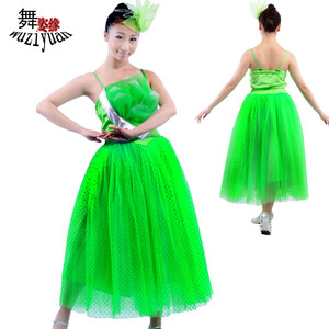 缘歌伴舞舞台演出服装\/荷花青绿中长裙舞蹈服
