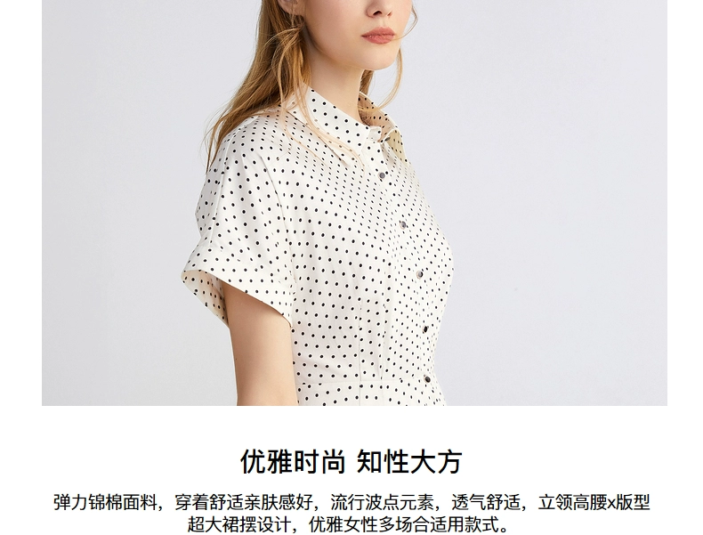 Langzi Xuân / Hè 2021 Sản phẩm mới của phụ nữ Chấm bi nhỏ Chấm bi trắng Polo cổ áo dài tay ngắn bằng bông - Sản phẩm HOT
