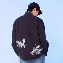 Hong Kong Tidal Wave Spring Autumn Season New Shirt Jacket Man High Street Country Tide Fairy Crane Embroidery Loose Long Sleeve Lovers Shirt
