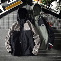 Hong Kong Chao brand new stitching hooded jacket men Korean loose size handsome long sleeve casual tooling jacket