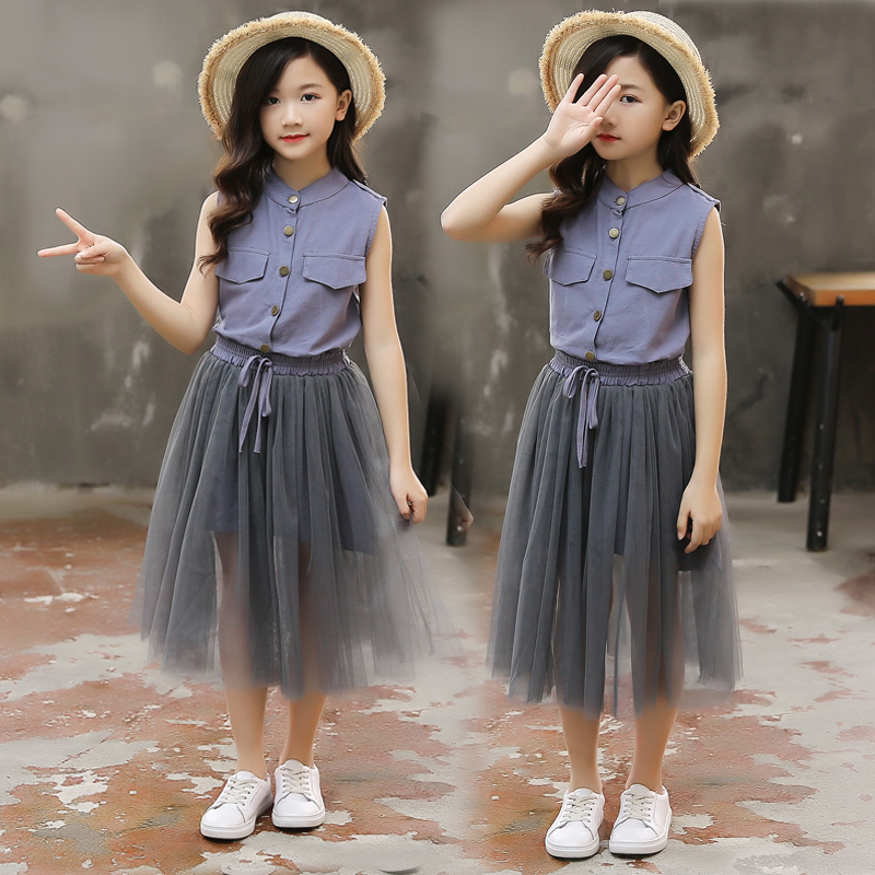 2021 summer new children's clothing girls Korean fashion cotton and linen mesh skirt suit Middle and large children's fashion fan two-piece set