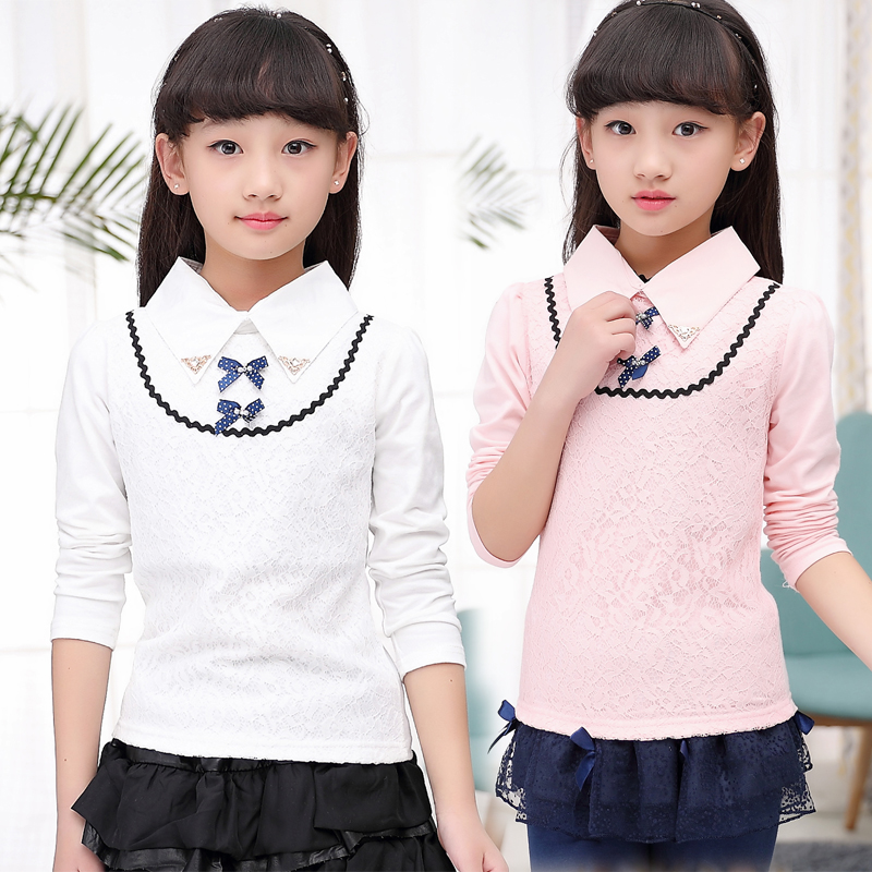 Autumn and winter Girls base shirt Velvet thickened turtleneck long sleeve lapel Lace Children's T-shirt Large children's warm top