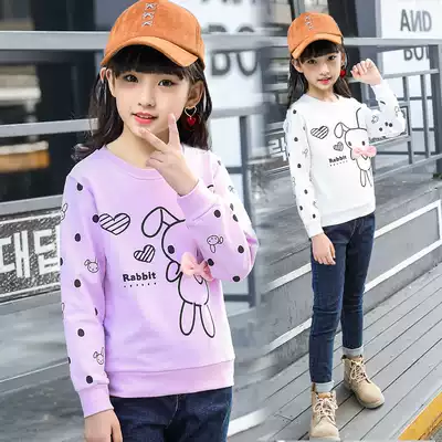 Girls autumn long sleeve T-shirt 2021 new children's clothing plus velvet base shirt medium child Korean cartoon round neck thick cotton T