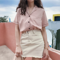 Short Sleeve Shirt Woman Spring Summer 2022 New Retro Temperament Korean Version Suit Collar Brief about 100 Hitch Thin Blouse Tide