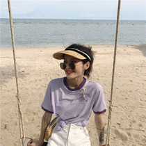 Purple T-shirt Woman 2021 Summer new Korean chic short sleeve spell Short Thin Pure Cotton Student Half Sleeve Tide