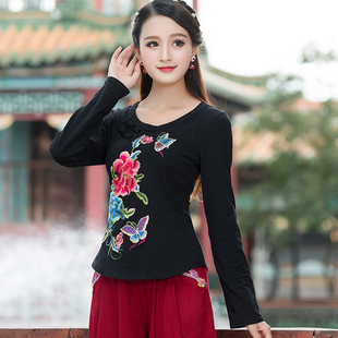 盘扣 绣花衣服女盘扣复古圆领修身t恤打底衫女 民族风女装上衣
