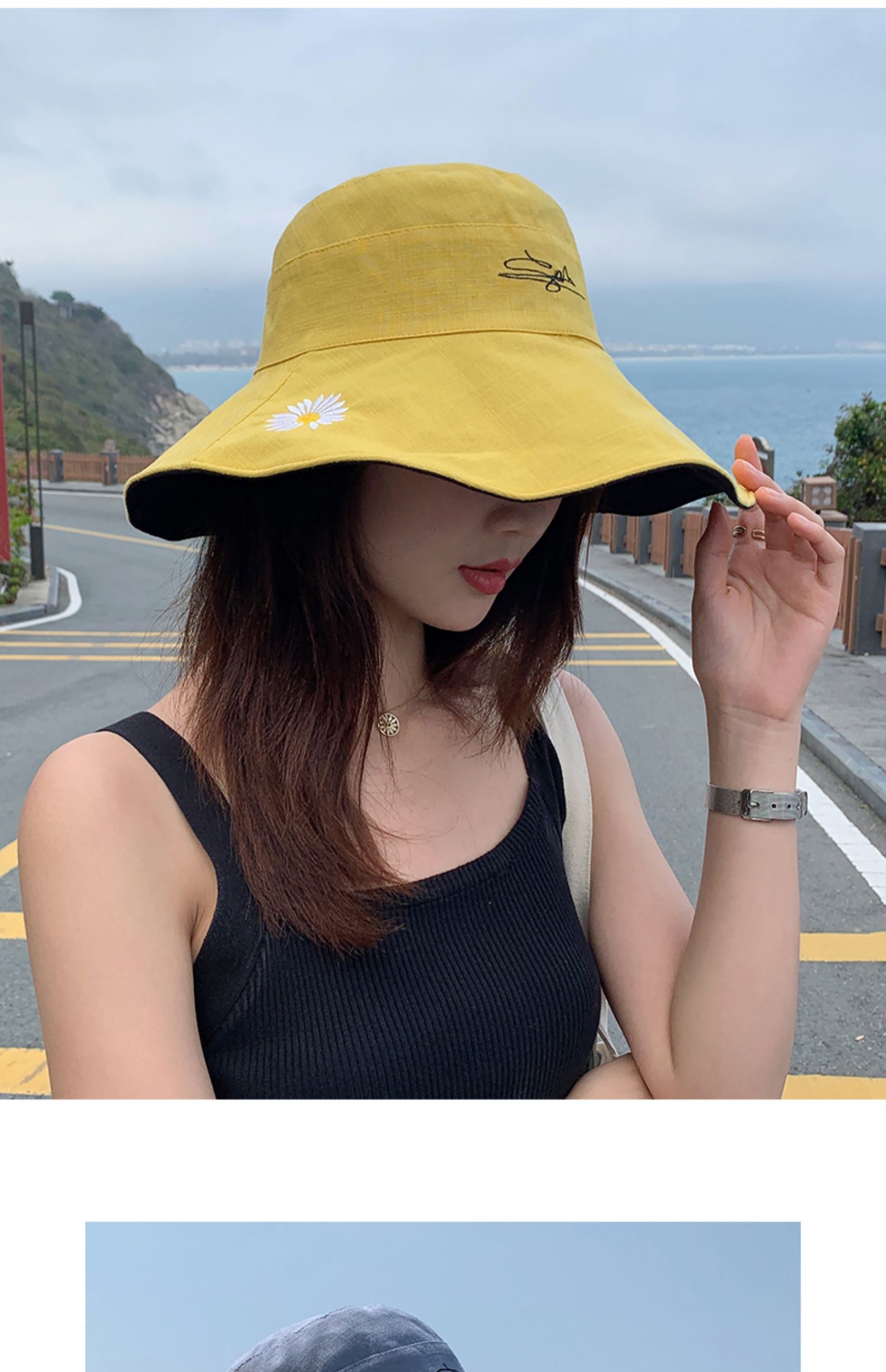 小雏菊大沿渔夫帽女帽韩版潮遮阳帽紫外线百搭双面太阳帽遮脸